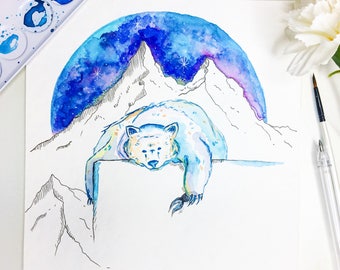 Illustration originale à l'aquarelle "L'ours douillet" /Ours