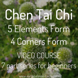 以下が含まれることがあります： Chen Tai Chi 5 Elements Form 4 Corners Form 7 part series for beginnersというタイトルのビデオコースで、ウェブサイトearthbalance-taichi.comが、緑色のトゲのあるルリタマアザミと小さな白い野草を背景に表示されています。