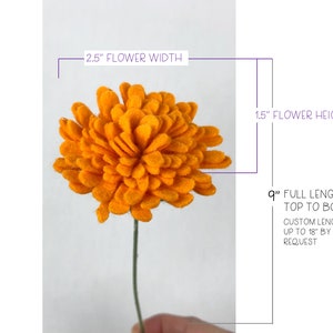 May include: A single orange felt flower with a 2.5 inch width and 1.5 inch height. The flower is on a green stem and the full length is 9 inches. The stem can be customized to be up to 18 inches long.