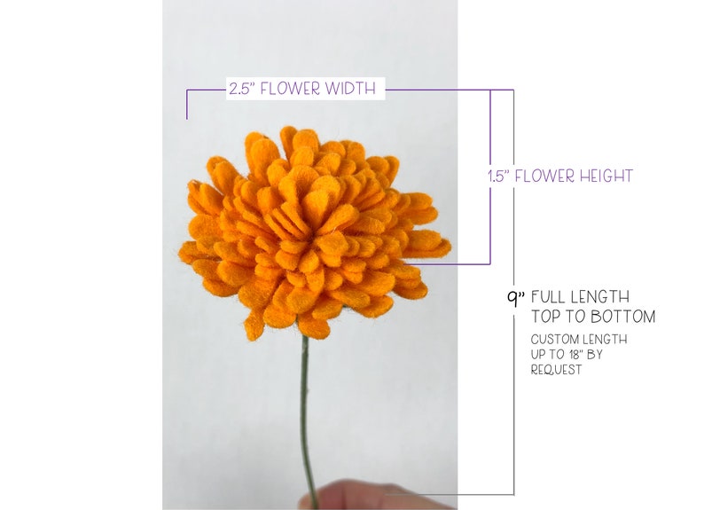 May include: A single orange felt flower with a 2.5 inch width and 1.5 inch height. The flower is on a green stem and the full length is 9 inches. The stem can be customized to be up to 18 inches long.