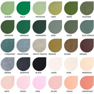 May include: A color chart with 24 paint swatches in various shades of green, blue, gray, brown, beige, black, white, pink, and peach. Each swatch is labeled with a name, such as "Clover", "Kelly", "Pistachio", "Fern", "Moss", "Zucchini", "Meadow", "Emerald", "Evergreen", "Sage", "Olive", "Blue Spruce", "Turquoise", "Rainstorm", "White Truffle", "Bronze", "Acorn", "Brown", "Smoke", "Graphite", "Black", "Linen", "Ecru", "Meringue", "Oats", "Peony", "Pink", "Blush", "Peach", and "Grapefruit".
