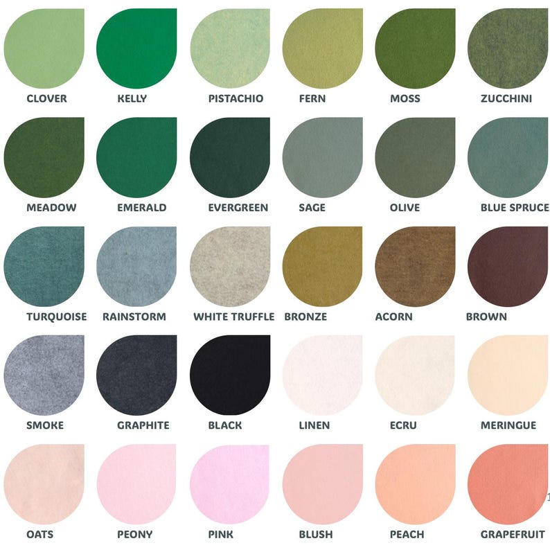 May include: A color chart with 24 paint swatches in various shades of green, blue, gray, brown, beige, black, white, pink, and peach. Each swatch is labeled with a name, such as "Clover", "Kelly", "Pistachio", "Fern", "Moss", "Zucchini", "Meadow", "Emerald", "Evergreen", "Sage", "Olive", "Blue Spruce", "Turquoise", "Rainstorm", "White Truffle", "Bronze", "Acorn", "Brown", "Smoke", "Graphite", "Black", "Linen", "Ecru", "Meringue", "Oats", "Peony", "Pink", "Blush", "Peach", and "Grapefruit".