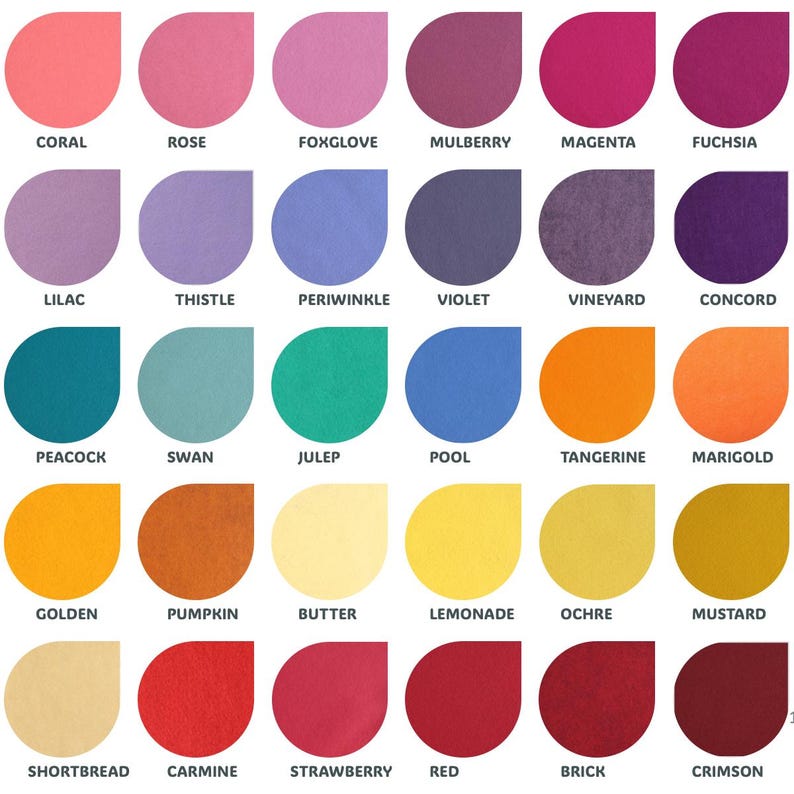 May include: A chart of 24 color swatches in the shape of teardrops. The colors are arranged in rows of six, with each row representing a different color family. The color families are: Coral, Rose, Foxglove, Mulberry, Magenta, Fuchsia; Lilac, Thistle, Periwinkle, Violet, Vineyard, Concord; Peacock, Swan, Julep, Pool, Tangerine, Marigold; Golden, Pumpkin, Butter, Lemonade, Ochre, Mustard; Shortbread, Carmine, Strawberry, Red, Brick, Crimson.