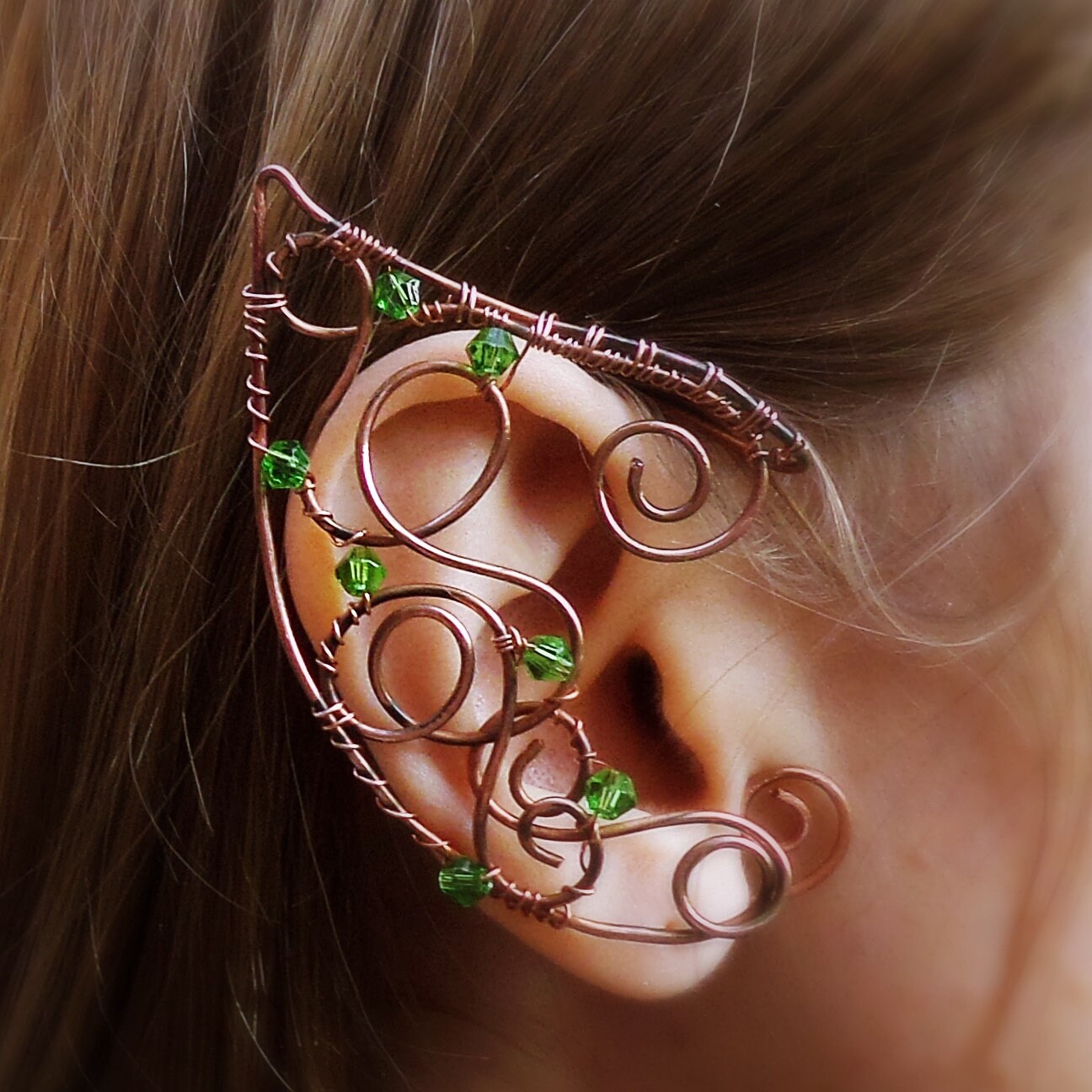 Elven ear cuff set Green crystal Copper elf ear cuff Wire Etsy