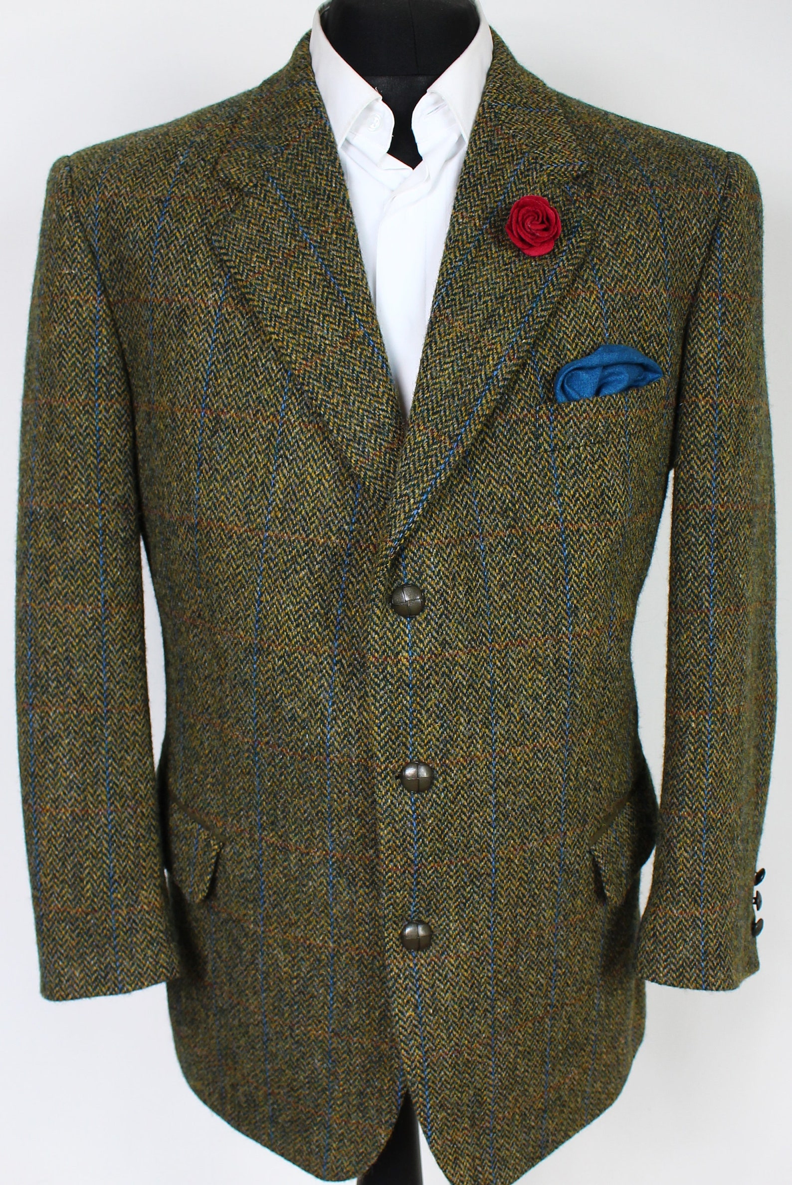 Harris Tweed Blazer Jacket Green Windowpane Check 46S SUPERB | Etsy