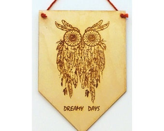 Wooden Owl Hamsa Pennants