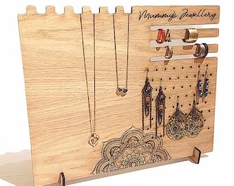 Personalized Oak Veneer Jewellery Stand, Mandala Engraved Bedroom Decor