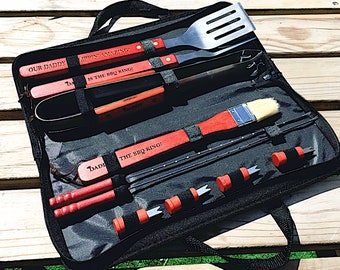 Personalized BBQ Tool Set | Stainless Steel Utensils, Wooden Handles