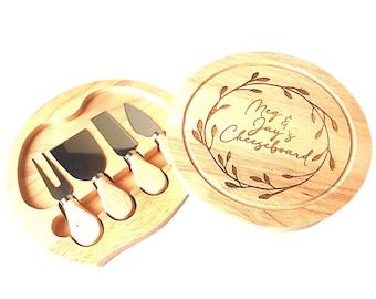 Personalised Round Swivel Cheese Board & Knife Set, Wedding Gift. Custom Cheese Board. Anniversary Gift For Couples, Keepsake