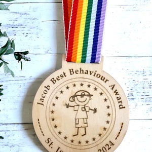 Personalized Wooden Reward Medal | Rainbow Ribbon, Good Behavior - Etsy UK