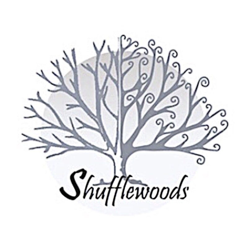 May include: A logo featuring a stylized gray tree with intricate branches and curly accents, set against a soft white circle. The word "Shufflewoods" is written in a cursive font below the tree.