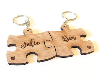 Personalized Oak Jigsaw Keyrings | Couple Keepsake