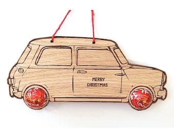Personalized Retro Car Christmas Ornament | Wooden Lindt Chocolate Holder
