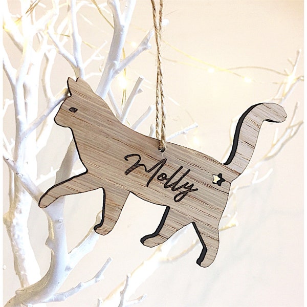 Cat Personalised Christmas Wooden Tree Decoration