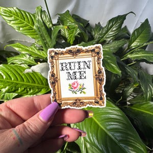 Puede incluir: Una pegatina con un diseño de punto de cruz enmarcado en dorado. El punto de cruz dice "RUIN ME" en letras negras, con una rosa rosa y hojas verdes. La pegatina se sostiene frente a un fondo de hojas verdes.