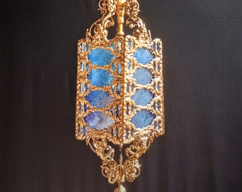 Antike Deckenleuchte Pendelleuchte Vintage Französisch Messing Blau Glas Jugendstil Kronleuchter