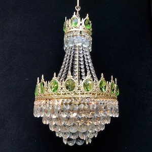 Vintage  Crystal Chandelier Green Hand Painted Basket Ceiling Lighting Home Decor Art Deco Interior Design Retro 3  bulbs