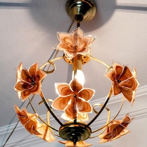 Vintage 1980s Murano Glass Flower Chandelier – Brown Petals, Metal Frame – 1 E14 Bulb