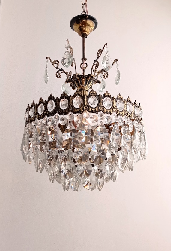 Vintage Crystal Chandelier Basket Ceiling Light Fixture Wedding Lighting  Home Decor Art Deco Home Interior 1960s 