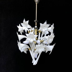 Big Vintage Murano Chandelier  Milk Glass 18 3 Floor  Calla Lily Bouquet  Floral Lighting 1980s Art Deco Lamp