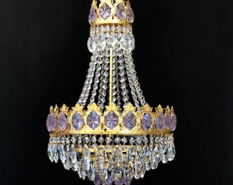 Antique Vintage Brass High Quality Original Cut Crystal Pineapple Chandelier Purple LED Basket Ceiling Fixture Lamp Light Fixture 3 Lambs