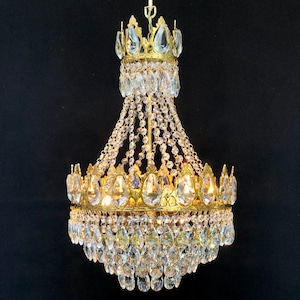 Vintage Brass Crystal Basket Chandelier Art Deco Wedding Lighting