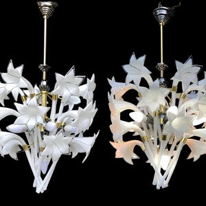 Pair Match Big Vintage Murano Chandelier  Milk Glass 18 3 Floor  Calla Lily Bouquet  Floral Lighting 1980s Art Deco Lamp