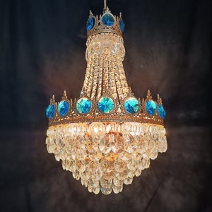 Vintage Brass Aqua Blue Crystal Chandelier Basket Ceiling Light Fixture Wedding Lighting Home Decor Art Deco Interior Design Retro 6 bulbs