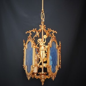 Antique Ceiling Venus Light Pendant Lamp Vintage French Solid Brass Blue Glass Art Nouveau Chandelier Ligting Lamp