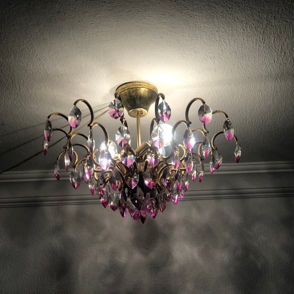 Vintage Pink Colored Crystal Chandelier Easy Fit Spider Style Flush Mount  Ceiling Light 3  Lamp