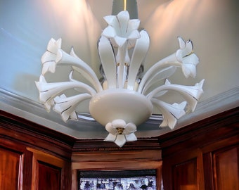 Rare Vintage Murano Chandelier  White  Glass Calla Lily Floral  Lighting LED Basket  Ceiling Light Fixture 4 Lamps