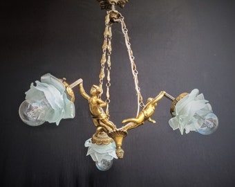 Angel Brass Antique French Vintage Angel Lights Crystal Chandelier Shabby Ceiling Pendant Fixture Home