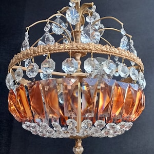 Vintage Brass Honey Crystal Chandelier: Art Deco LED Ceiling Light