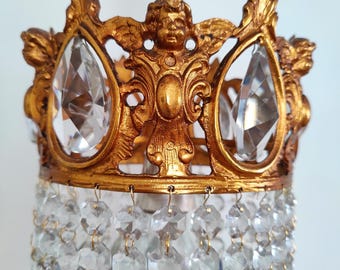 Lámpara colgante de araña de cristal con corona de ángel de latón Art Nouveau vintage, pequeña lámpara de techo
