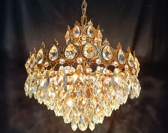 Crystal Chandelier Ligting Antique Ceiling Light Vintage French Brass Basket Czech Glass 1960s