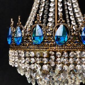 Vintage Brass Aqua Blue Crystal Chandelier Basket Ceiling Light Fixture Wedding Lighting Home Decor Art Deco Interior Design Retro 3 bulbs