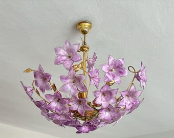 1980s Vintage Pink Murano Glass Chandelier, Purple Floral Ceiling Light, Flower Shadow Lamp