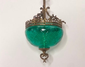 Antique Vintage Bowl Chandelier Hand Painted Turquise Solid Brass Glass Art Nouveau 60s 1 lamp