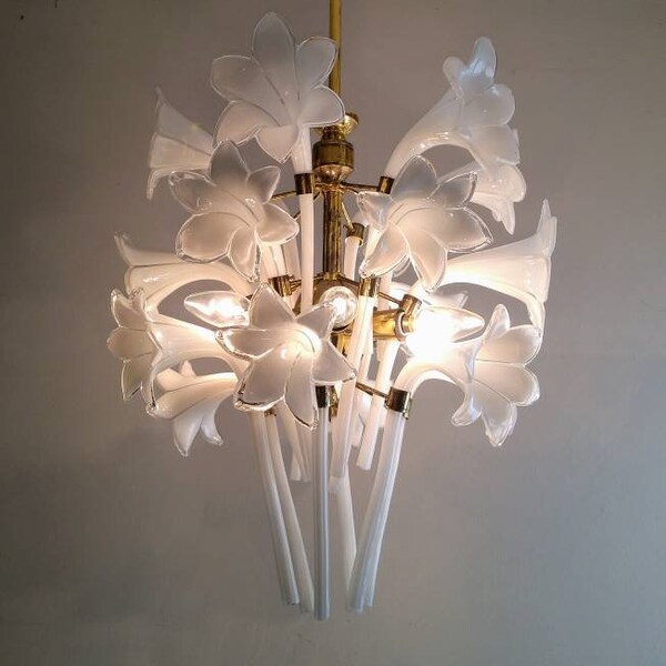 Murano Hand Blow Glass Calla Lily Vintage Brass Antique  Light  Chandelier Dining Room Ceiling Ligting  Lamp 1970s