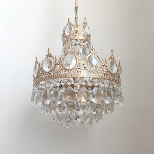 Antique Brass Crystal Basket Chandelier LED Ceiling Light Fixture