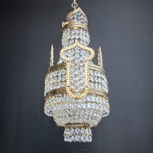Vintage Brass Crystal Basket Chandelier: LED Ceiling Light Fixture