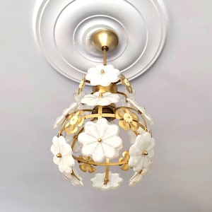 Vintage Floral Chandelier – 1980s Murano Style Yellow & White Glass Flowers,  Light