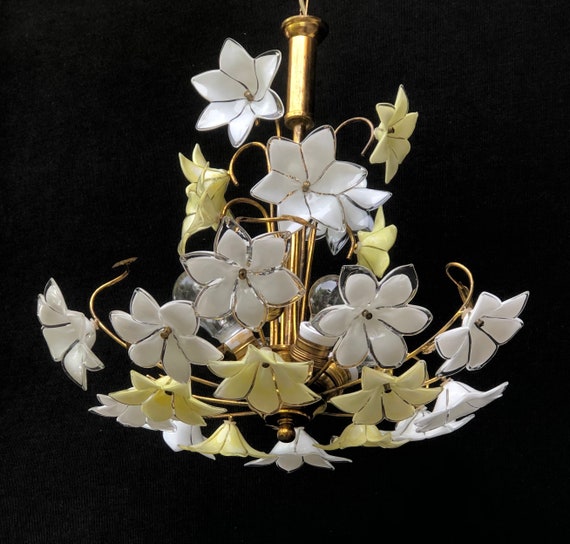 ヴィンテージ ムラーノ ミルクガラス フローラルシャンデリア イエロー