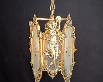 Antique Ceiling Light Pendant Lamp Vintage French Brass Venus  Glass Art Nouveau Venus Chandelier Ligting Lamp Fixture