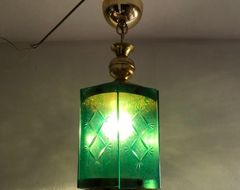 Vintage Hand-Painted Green Glass Chandelier Art Deco Ceiling Light