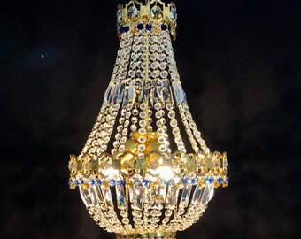 Antique French Crystal Chandelier: Blue Honey Stone Pendant Light