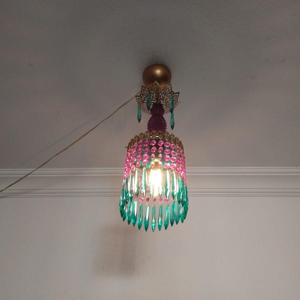 Vintage Kristall Kronleuchter mit 1 Lampe Hand bemalt Turquise Pink