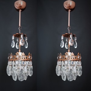 Pair of Crystal Chandelier Pendant Lights Antique Brass French Basket Fixture