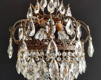 Vintage Crystal Chandelier Basket Ceiling Light Fixture Wedding Lighting Home Decor Art Deco Home Interior 1970s