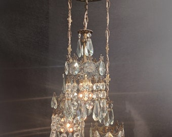 Crystal Chandelier Antique Vintage Brass LED Basket Ceiling Fixture Lamp Light Fixture  Lighting Home Decor Art Deco Interior 3 Lamb